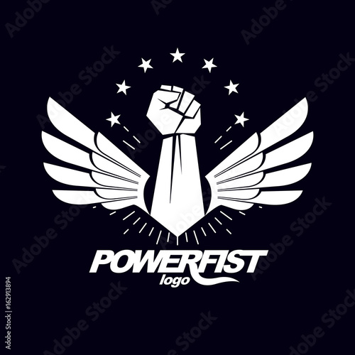 Vector illustration of a clenched fist raised up. Boxing club abstract emblem can be used as tattoo.
