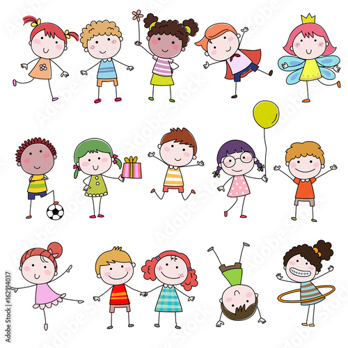 Set of cute happy cartoon doodle kids. Hand-drawn children