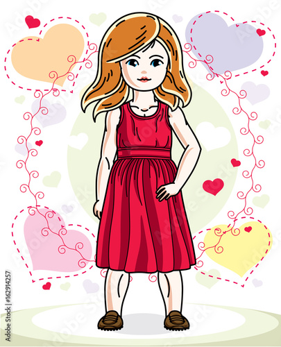 Beautiful happy little red-haired girl in stylish casual clothes posing on colorful backdrop with romantic hearts. Vector illustration of attractive kid.