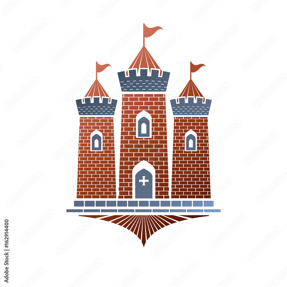 Old fortress decorative isolated vector illustration.  Ancient Castle ornate logo in old style on white background.