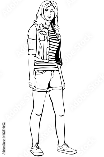 vector sketch of a beautiful blonde in shorts