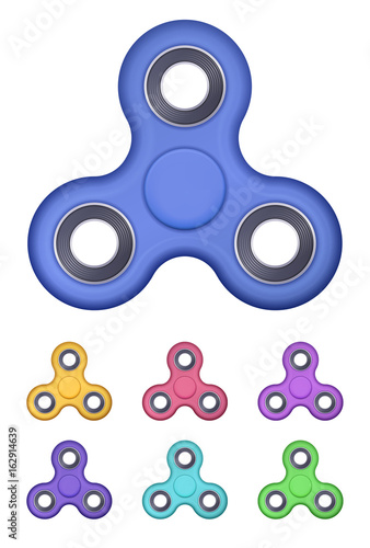 Vector realistic hand spinner colored set. Fidget toy for increased focus, stress relief illustration. EPS 10