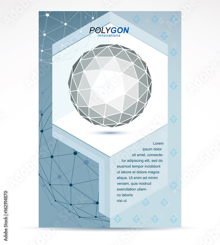 Communication technologies business corporative flyer template. Graphic vector illustration. Abstract 3d polygonal grayscale wireframe object, geometric low poly design element