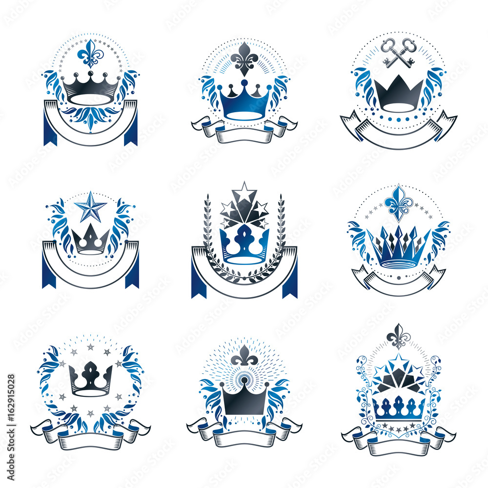 Imperial Crowns emblems set. Heraldic Coat of Arms, vintage vector logos collection.
