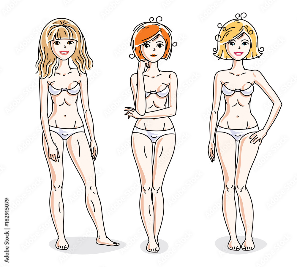 Young beautiful women standing in white underwear. Vector set of beautiful people illustrations. Young beautiful women standing in white underwear. Vector set of beautiful people illustrations.