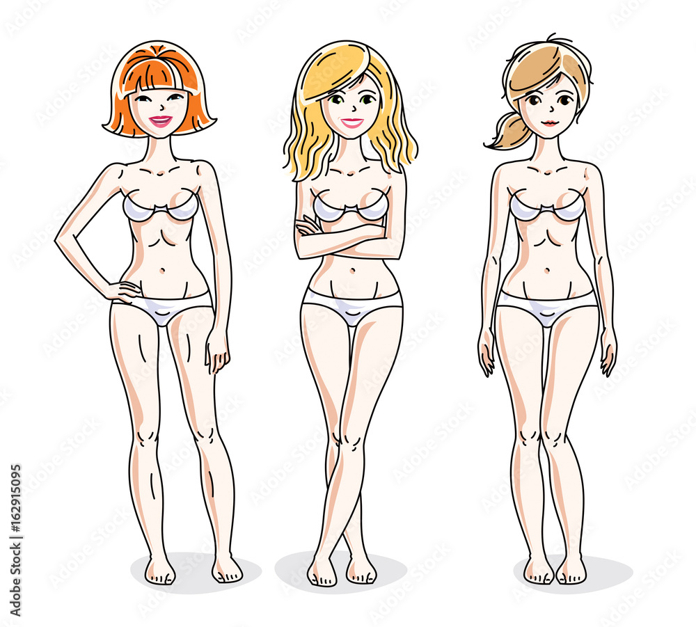 Young beautiful women standing in white underwear. Vector set of beautiful people illustrations. Young beautiful women standing in white underwear. Vector set of beautiful people illustrations.