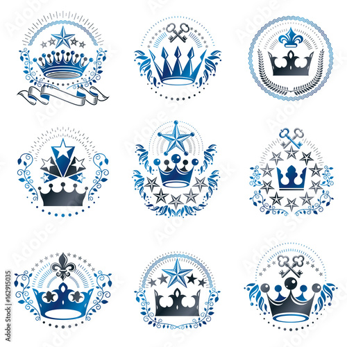 Ancient Crowns emblems set. Heraldic vector design elements collection. Retro style label  heraldry logo.