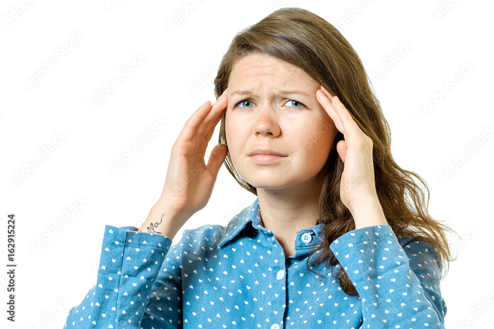 Woman having headache isolated on white Woman having headache isolated on white