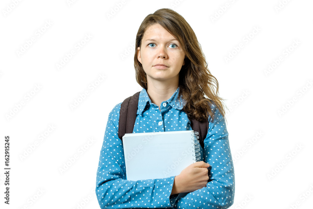 Portrait of young student girl with books and backpack Portrait of young student girl with books and backpack