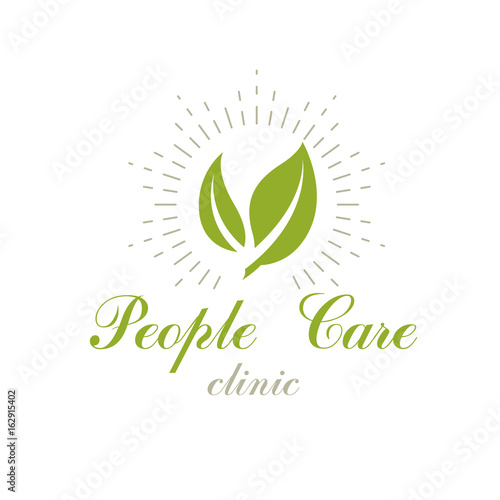 Green spring leaves vector symbol for use in medical and social theme advertisement. Raw food diet vector graphic conceptual logo, no gm theme.