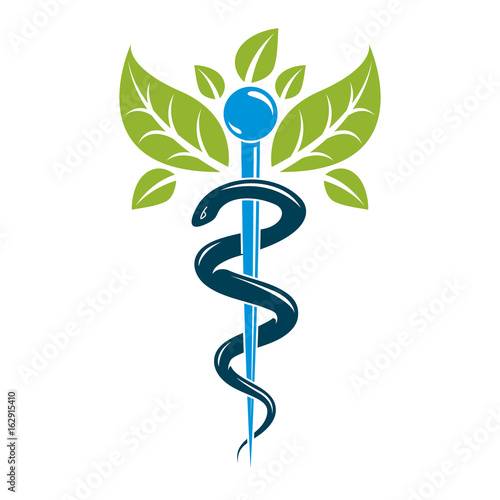Caduceus symbol, healthcare conceptual vector illustration. Homeopathy creative emblem.