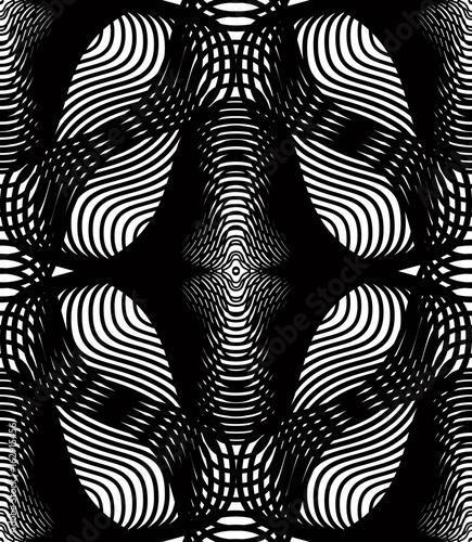 Geometric monochrome stripy overlay seamless pattern  black and white vector abstract background. Graphic symmetric kaleidoscope backdrop.