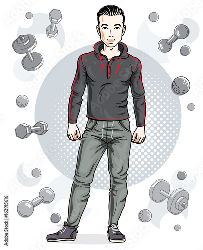 Handsome brunet young man is standing on simple background with dumbbells and barbells. Vector illustration of sportsman.  Active and healthy lifestyle theme cartoon.