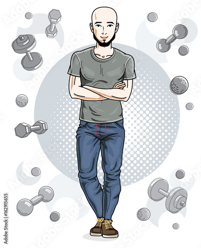 Confident handsome bald young man with beard is standing on simple background with dumbbells and barbells. Vector illustration of sportsman, sport style.
