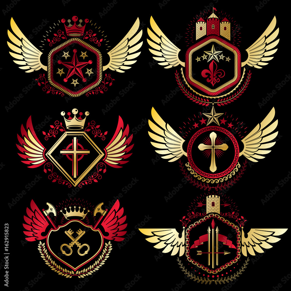 Collection of vector heraldic decorative coat of arms isolated on white and created using vintage design elements, monarch crowns, pentagonal stars, armory, wild animals. Collection of vector heraldic decorative coat of arms isolated on white and created using vintage design elements, monarch crowns, pentagonal stars, armory, wild animals.