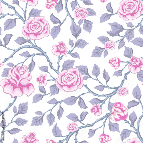 Floral seamless pattern with decorative garden roses. Vector hand drawn background.