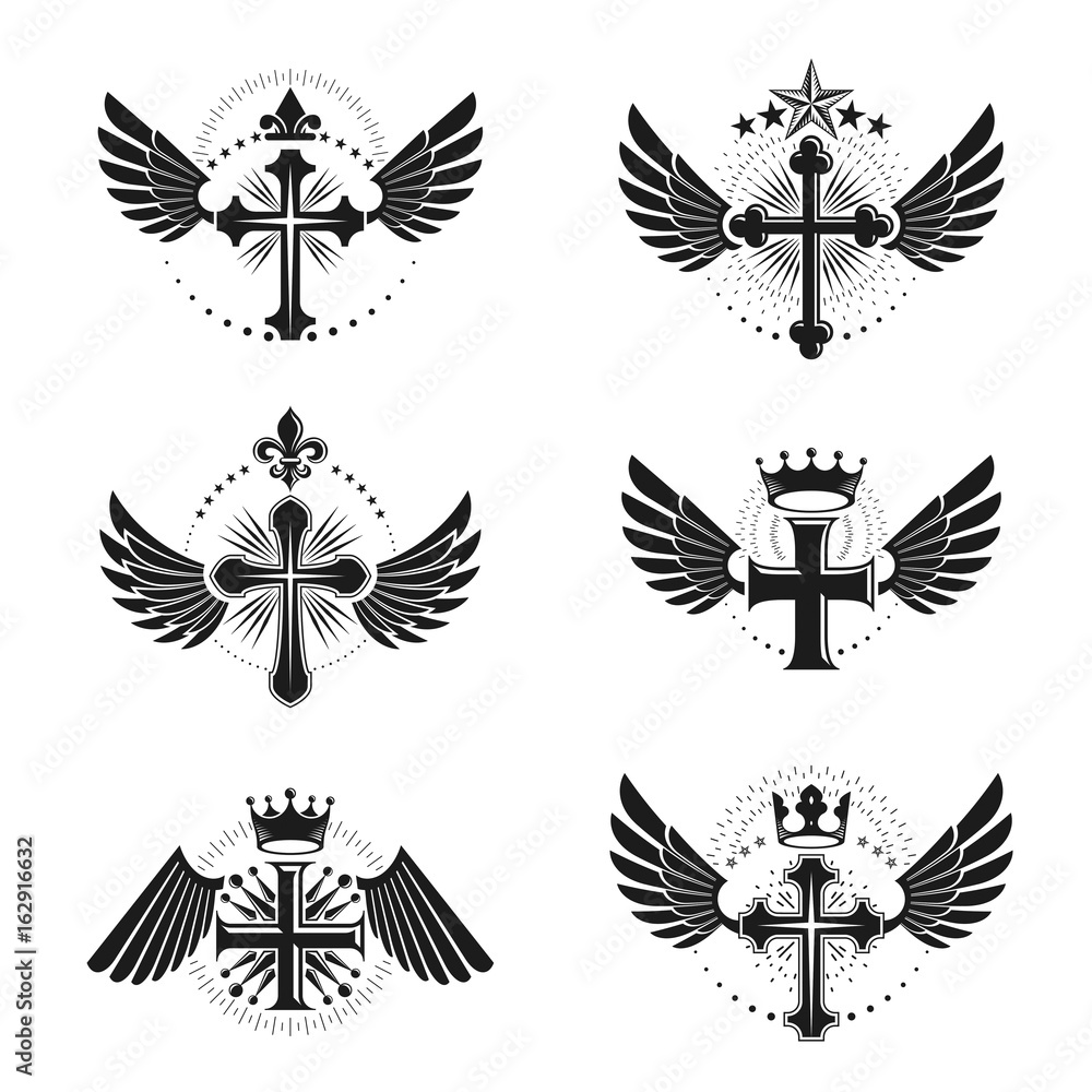 Crosses Religious emblems set. Heraldic Coat of Arms, vintage vector logos collection. Crosses Religious emblems set. Heraldic Coat of Arms, vintage vector logos collection.