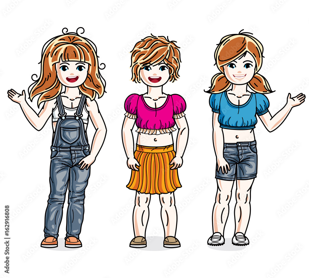 Cute happy little girls posing wearing casual clothes. Vector diversity kids illustrations set. Childhood and family lifestyle cartoons. Cute happy little girls posing wearing casual clothes. Vector diversity kids illustrations set. Childhood and family lifestyle cartoons.
