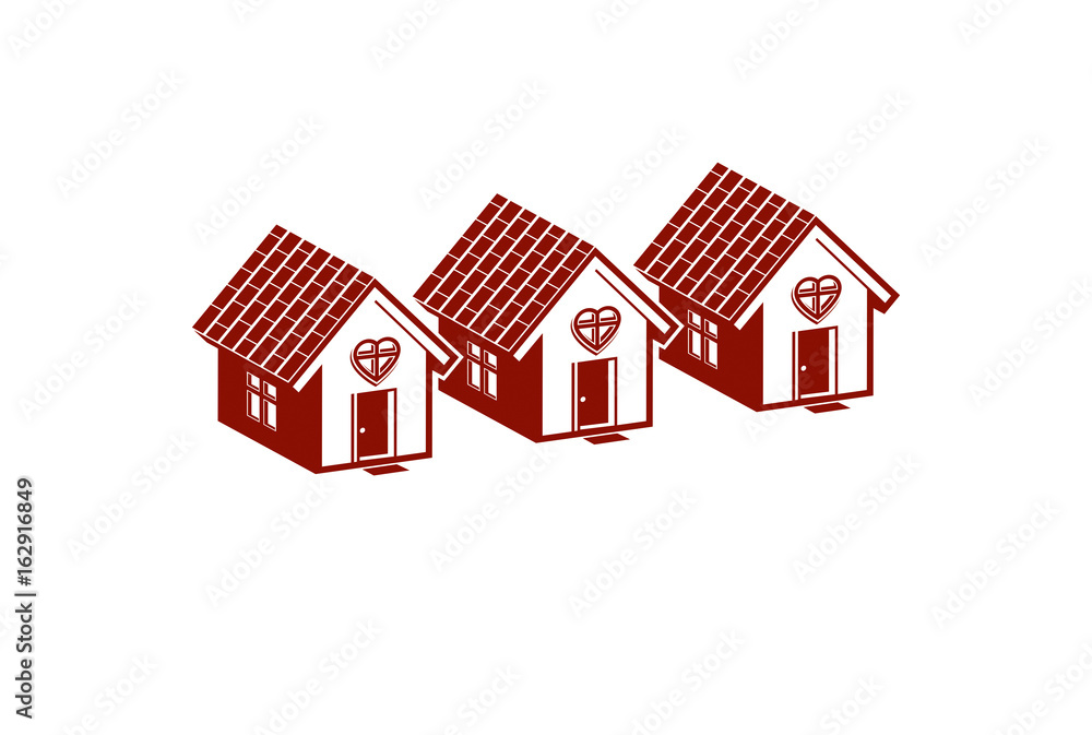 Simple cottages with heart symbol, love and romance idea. Houses vector illustration.