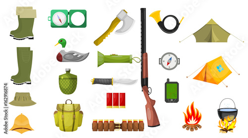 Set of hunting theme icons. Isolated on white background. Vector illustration.