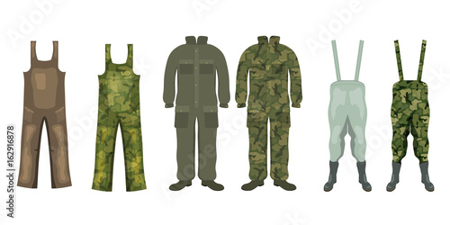 Set of overalls for hunting and fishing with boots. Vector illustration