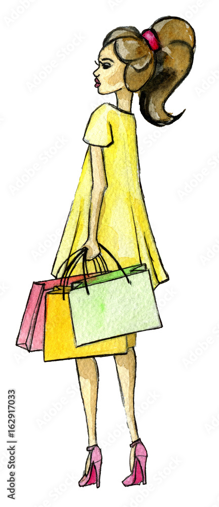 watercolor sketch of young woman with shopping bags isolated on white background