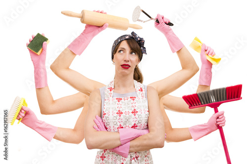 Obraz na płótnie Very busy multitasking housewife on white background