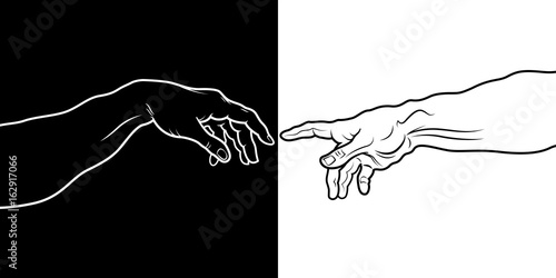 «Creatio Adami». The Creation of Adam (fragment). A section of Michelangelo's fresco Sistine Chapel ceiling painted c.1511. (detailed black & white drawing).