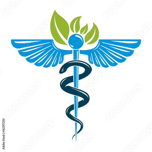 Caduceus symbol composed with poisonous snakes and bird wings, healthcare conceptual vector illustration. Alternative medicine theme.