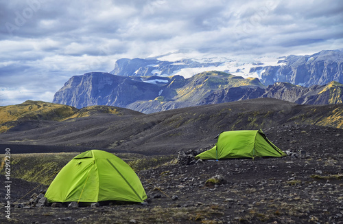 Big tourist camp is located in the valley of the park near the glacier   Iceland