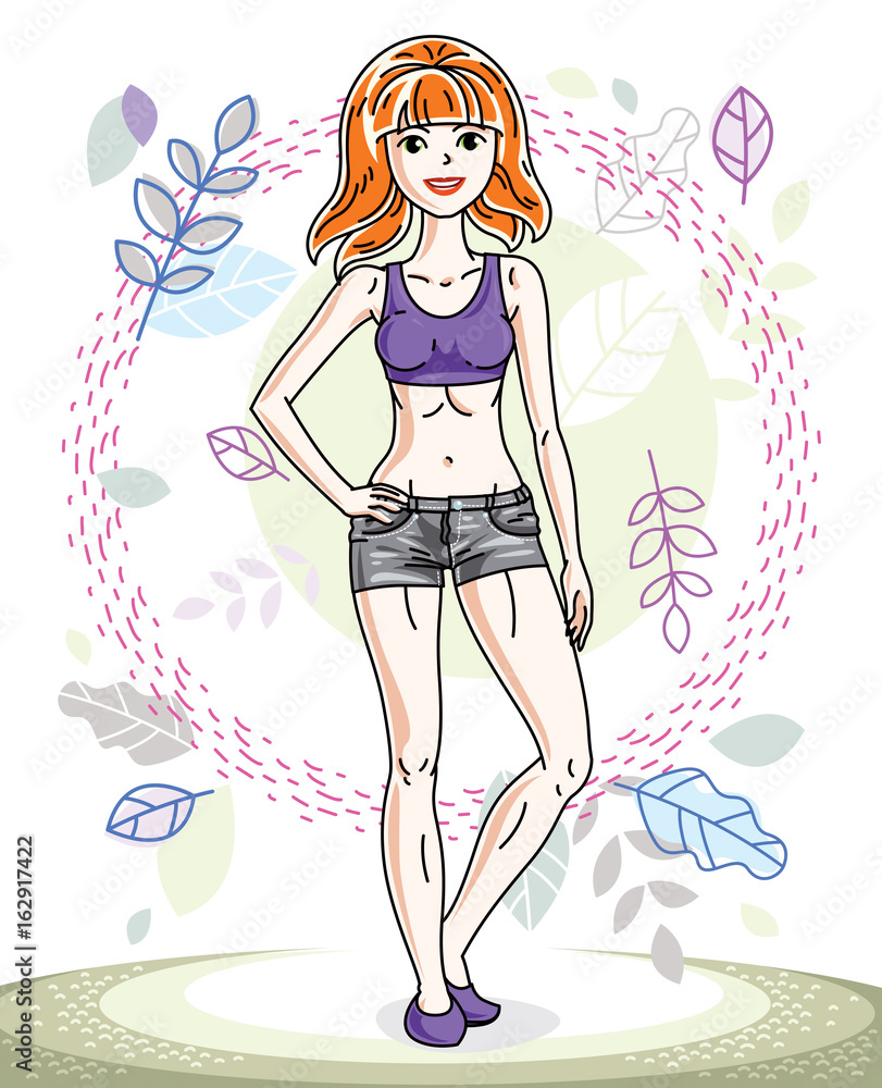 Beautiful stylish young red-haired woman posing on background of spring landscape and wearing different casual clothes. Vector nice lady illustration. Springtime theme clipart.