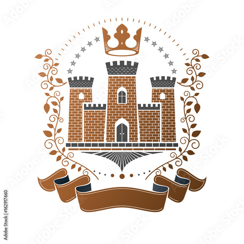 Ancient Castle emblem. Heraldic Coat of Arms decorative logo isolated vector illustration. Antique logotype in old style on white background.