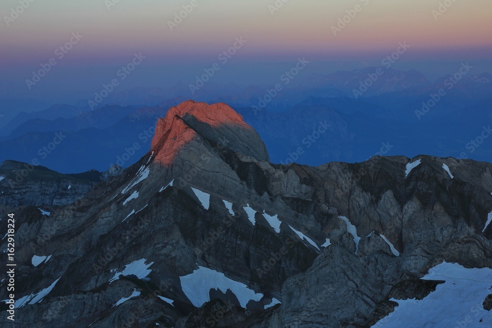 Peak of Mount Altmann at sunset. View from Mount Santis.