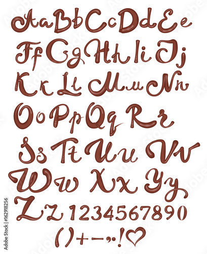 Chocolate English alphabet. Brown handwritten letters and numbers on white background