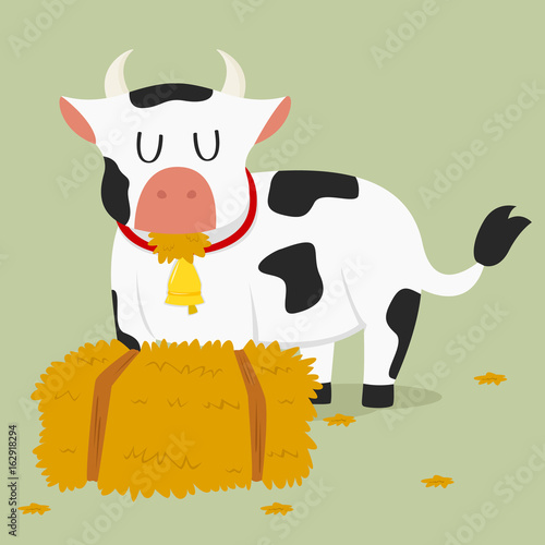 a cow eating hay next to a haystack vector illustration
