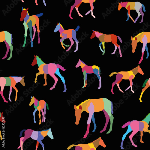 Seamless pattern with colorful foals on black background
