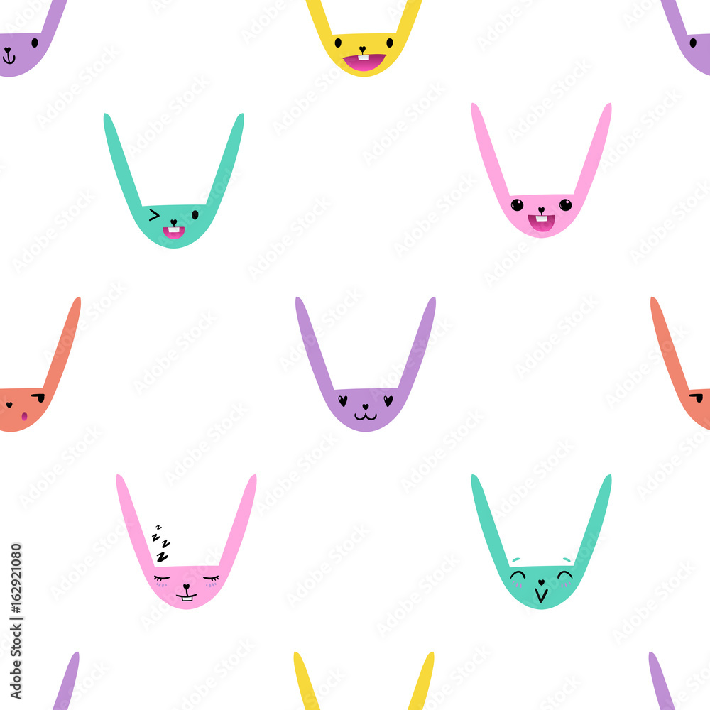 Fototapeta premium Colorful seamless pattern with cute Easter bunny faces with happy and lovely emotions, hand-drawn rabbits with various expressions, EPS 10
