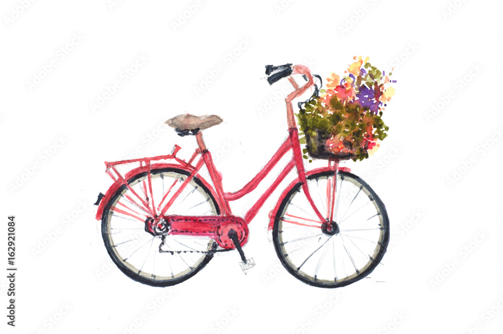 Fototapeta Retro czerwony rower z kwiatami na białym, ręcznie rysowany ilustrator akwareli