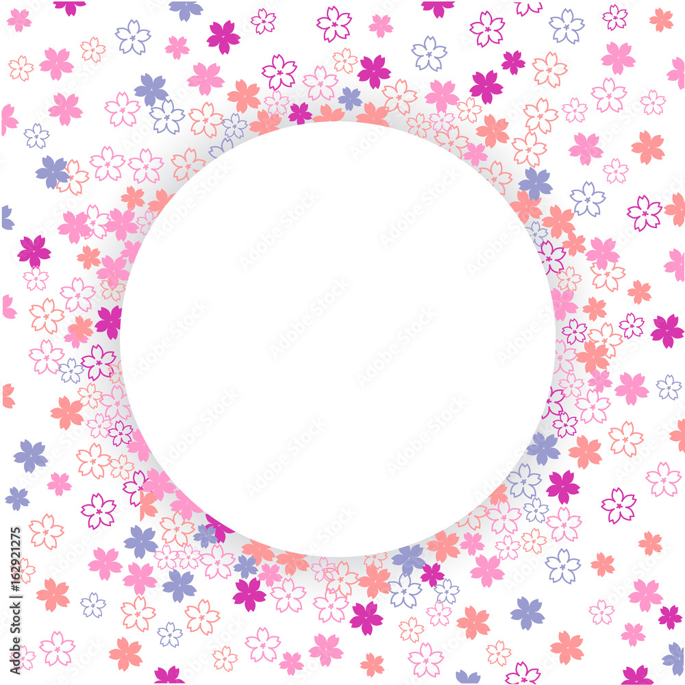 red and pink sakura flowers Japan cherry floral frame circle shape for Valentines day decorative romantic element with empty space for text blank. ribbon. vector illustration.