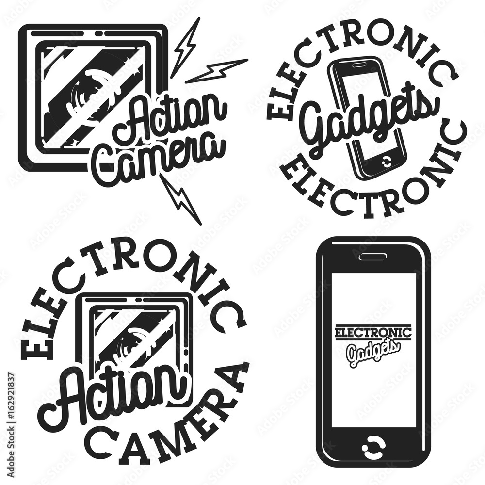 Color vintage electronic gadgets emblems