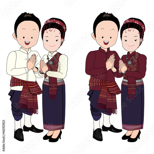 wedding couple cartoon, bride and groom in north-east thai traditional suit and dress.