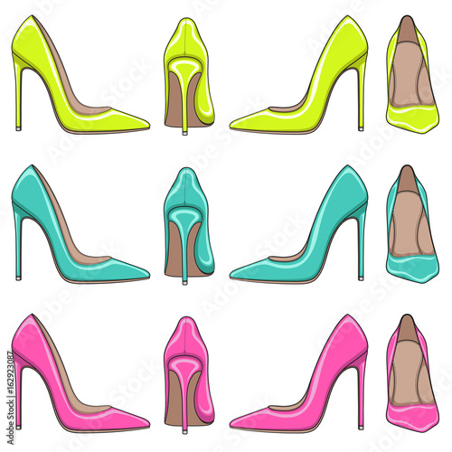 Set of bright color illuminations of female classical shoes with high heels. Isolated objects on white background.