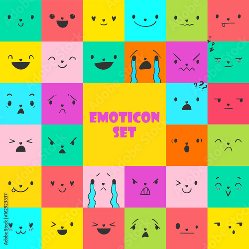 Square colorful emoticons with different emotions, vector set of various hand-drawn cute expressions, EPS 8