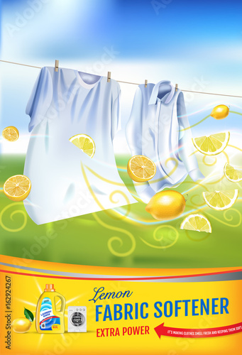 Lemon fragrance fabric softener gel ads. Vector realistic Illustration with laundry clothes and softener rinse container. Vertical poster