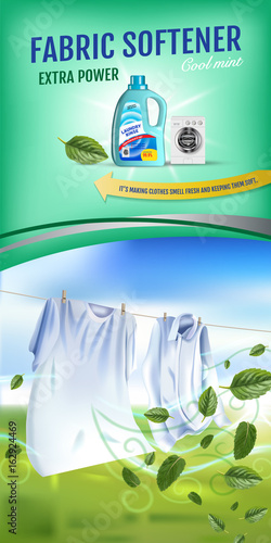 Mint fragrance fabric softener gel ads. Vector realistic Illustration with laundry clothes and softener rinse container. Vertical banner
