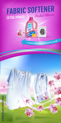 Orchid fragrance fabric softener gel ads. Vector realistic Illustration with laundry clothes and softener rinse container. Vertical banner