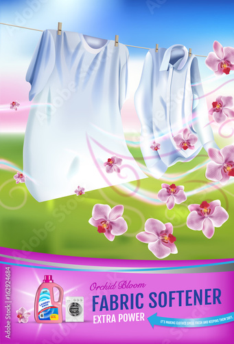 Orchid fragrance fabric softener gel ads. Vector realistic Illustration with laundry clothes and softener rinse container. Vertical poster