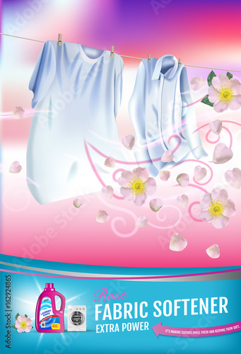 Rose fragrance fabric softener gel ads. Vector realistic Illustration with laundry clothes and softener rinse container. Vertical poster