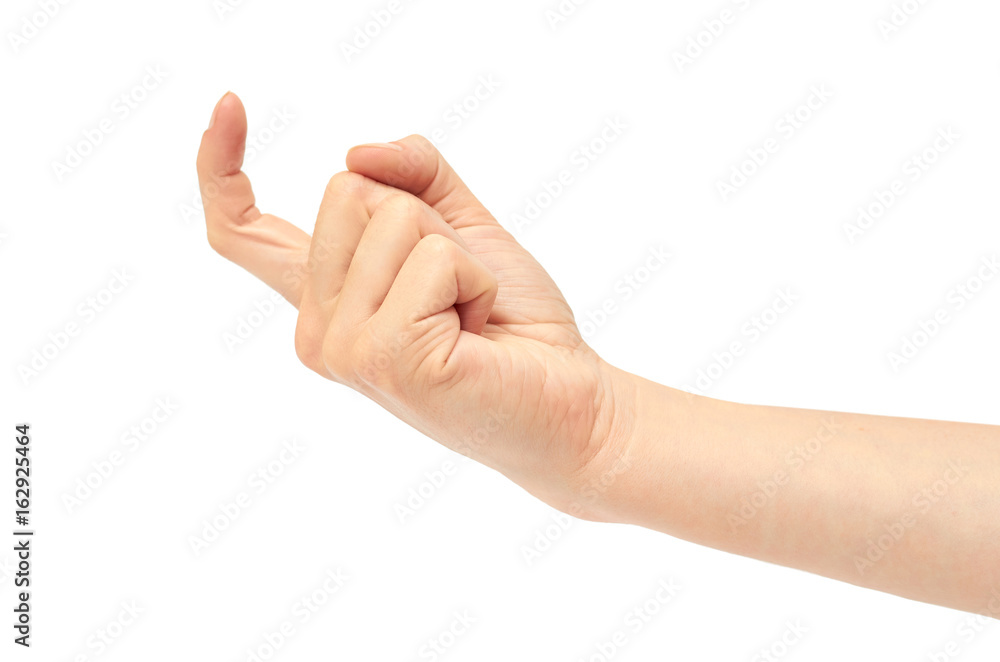 Gesture of a woman's hand, invite or attract. Isolated on white background Gesture of a woman's hand, invite or attract. Isolated on white background
