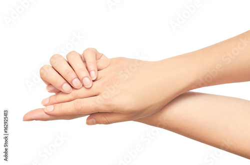 Gesture of a woman's hand, holds and supports. Isolated on white background